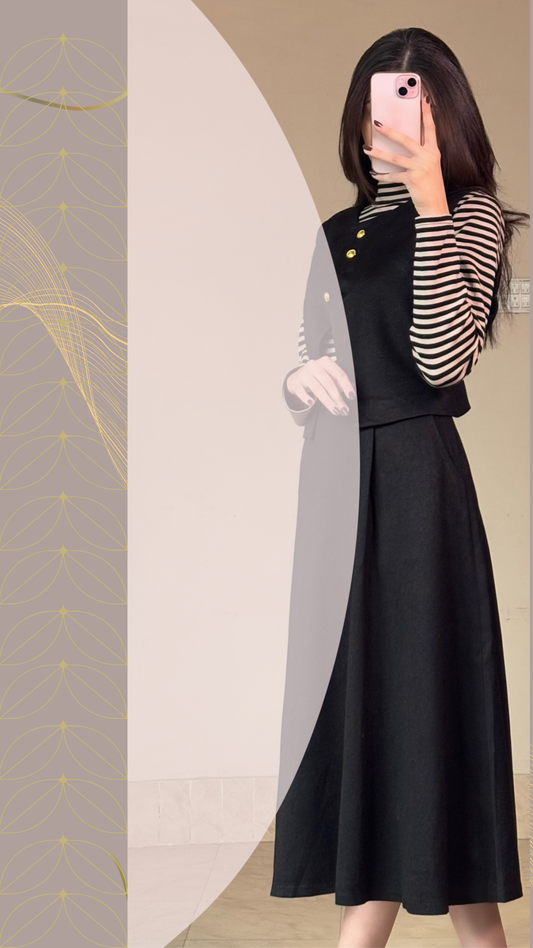 Elegant Striped Two-Piece Midi Dress with Vest