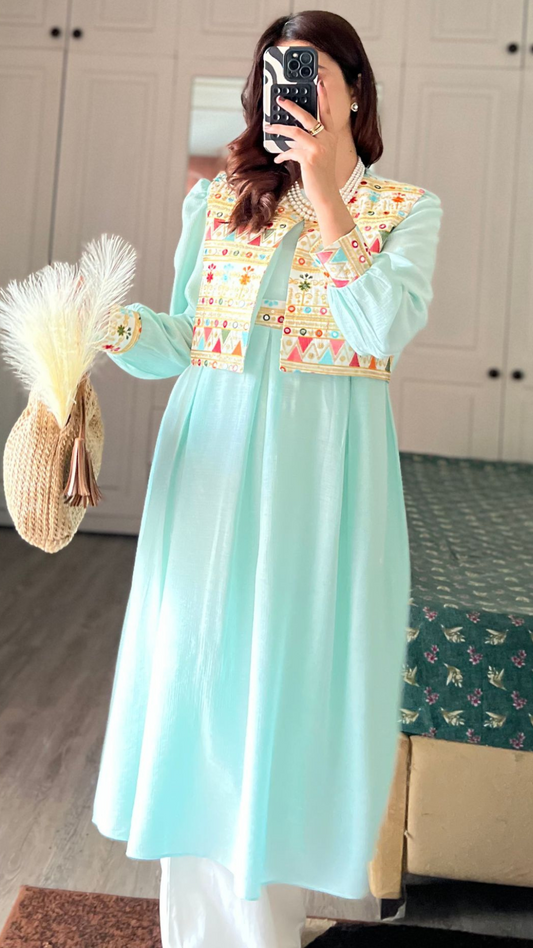 Pastel Breeze Embroidered Jacket Dress