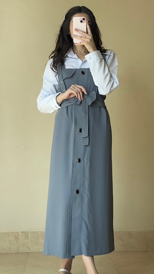 Elegant Blue Button-Down Belted Pinafore Dress with White Shirt